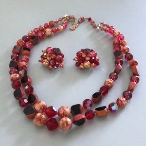 Vintage beaded red Necklace/clip on earrings